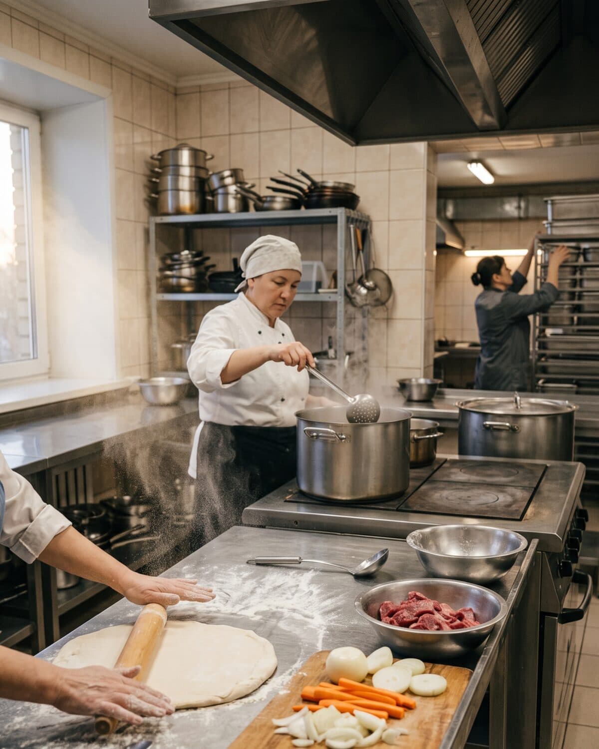 Производственный цех утром: повар раскатывает тесто, рядом свежее мясо и нарезанные овощи